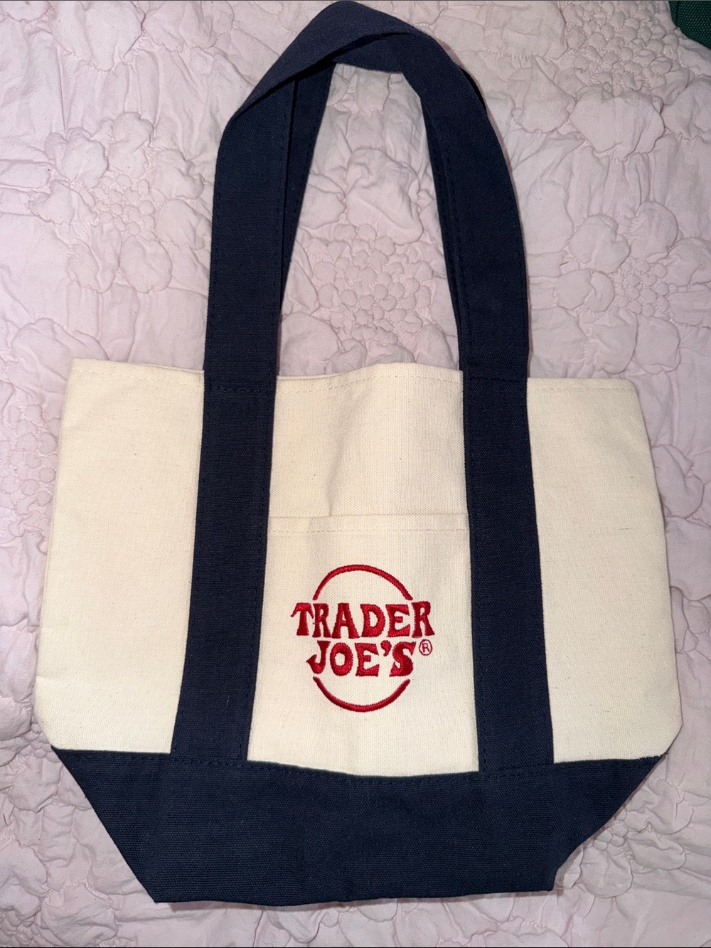 Trader Joe's Canvas Tote in Cream with Navy Straps